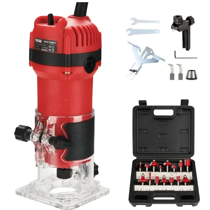 Wood Router, 800W Compact Router Tools for Woodworking, 31000 RPM Hand Trim Router with 15 Pcs 1/4″ Router Bits Set, Edge Guide, Roller Guide
