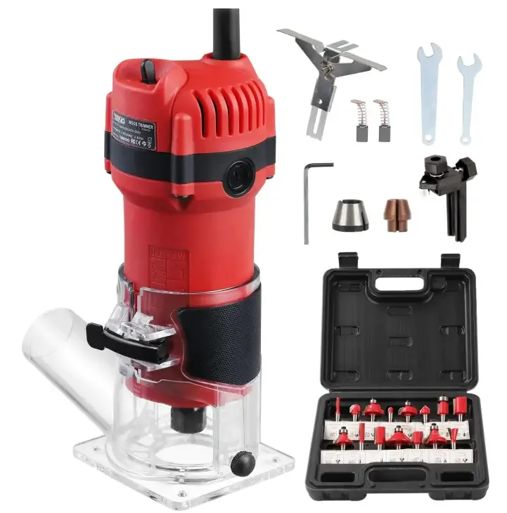 Wood Router, 800W Compact Router Tools for Woodworking, 6.5Amp 1.25HP 31000RPM Hand Trim Router with 15 Pcs 1/4″ Router Bits Set, Edge Guide, Roller Guide, Dust Hood