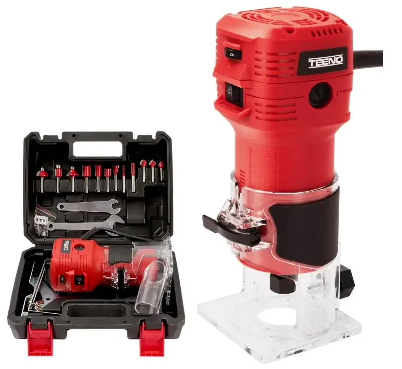 Wood Router, 650W Compact Router Tool for Woodworking, Hand Wood Trimmer with 12Pcs 1/4″ Bits Set, 6 Speeds, Edge & Roller Guide, Portable Tool Box, Dust Hood